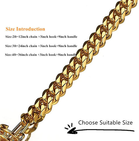 Gold Dog Chain Leash 15mm Cuban Link with Strong Buffer Spring, No-Pull Genuine Leather Handle for Large Dogs
