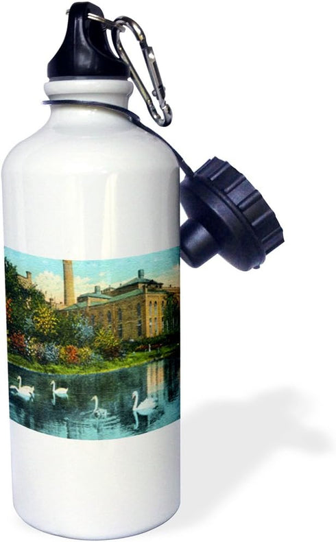 3dRose 21 oz, Laggon at Horlick Malted Milk Plant, Racine (Vintage) Sports Water Bottle, White