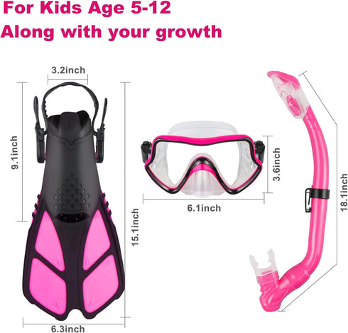 Kids Snorkeling Set with Adjustable Flippers, Panoramic Snorkel Mask, Dry Snorkel Tube, Travel Bags