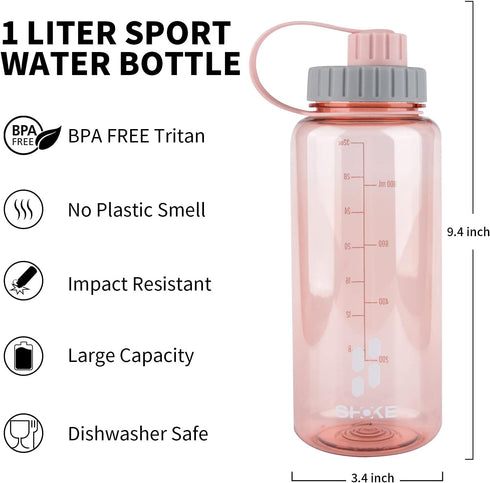 SHOKE 1 Liter Water Bottle 32oz BPA Free Non-Toxic Tritan Leakproof Sports Bottle with Handle