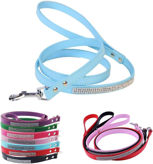 Scicalife PU Leather Dog Leash, Colorful Walking Leash with Sparkly Studded Rhinestone for Cats or Dogs (Blue)