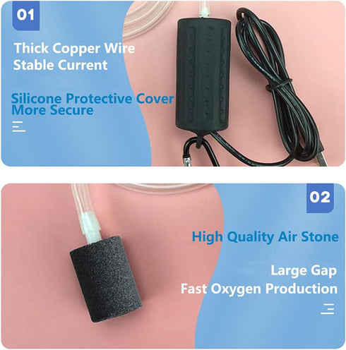 Aquarium Air Pump Mini USB - Portable Ultra Silent Oxygen Aerator with Air Stone and Silicone Tube