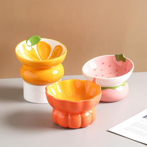 Cute Pumpkin Shaped Cat Bowl, Ceramic Raised Cat Bowl for Food or Water, 9 oz Small Elevated Dish