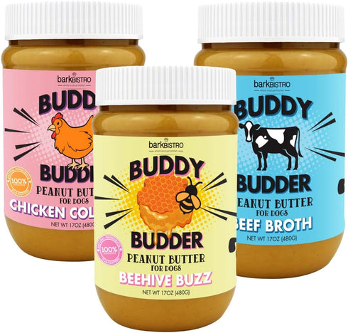 BUDDY BUDDER Bark Bistro Company, Beef Broth + Chicken Collagen + Beehive Buzz, 100% Natural Dog Peanut Butter, Made in