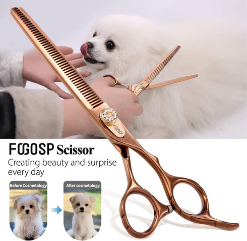Professional Double Sided Dog Thinning Shears 7'' - 48 Teeth Blender Scissors, 25% Thinning Rate, Japan 440C (Bronze)