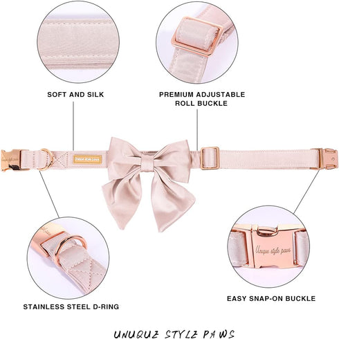 Unique Style Paws Silk Pink Dog Collar, Adjustable Durable Collar with Bow for Medium Dogs