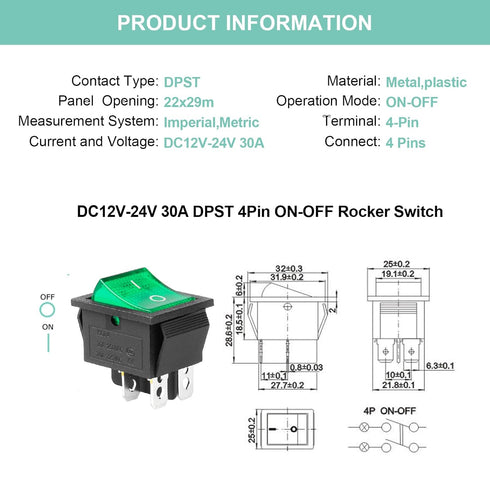 QTEATAK KCD4 2Pcs DC 12V-24V 30A DPST 4-Pin 2 Position ON/Off Boat Rocker Toggle Switch with Green LED Light (Only for DC12-24V)