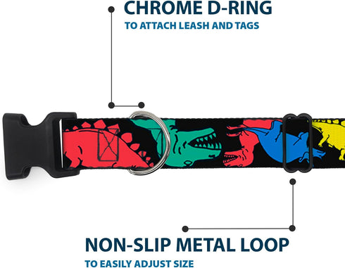 Buckle-Down Plastic Clip Collar - Dinosaurs Black/Multi Color, 1" Wide, Fits 15-26" Neck, Large