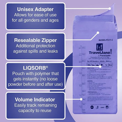 TravelJohn (TJ1T-C) TravelJane Resealable Disposable Urinal Bags Travel Urinal for Women, Men & Kids Odorless Leakproof