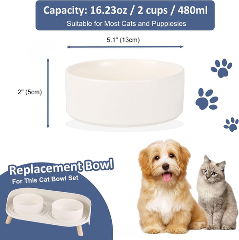 Ceramic Cat Bowl Puppy Bowls - Cat Feeding Bowl Whisker Friendly - Heavy Cat Food Bowl Anti Tip Over - Cat Water Bowl Spill Proof - Pet Bowl Dish for Cats and Small Dogs - 16.23 oz - 480 ml - White