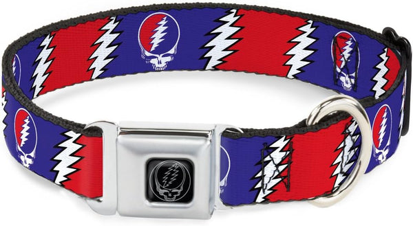 Dog Collar Seatbelt Buckle, Steal Your Face Lightning Bolt Repeat, Red White Blue, 18 to 32 Inches, 1.5 Inch Wide