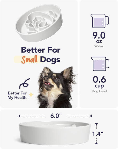LE TAUCI Ceramic Slow Feeder Dog Bowls for Small Breed, 0.6 Cups Dog Food Dish for Fast Eaters, White
