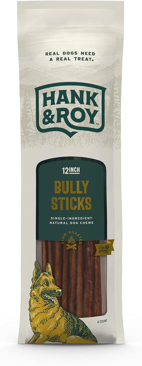 Hank & Roy Bully Sticks, 12" - 4 Pack, All-Natural Chews for Large Breed Dogs and Aggressive Chewers