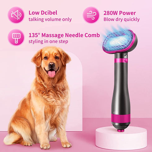 Hair Dryer Brush for Small/Medium Dog & Cat, 2 in 1 Pet Grooming Dryer with 2 Heat Settings & 3 Adjustable Blowing