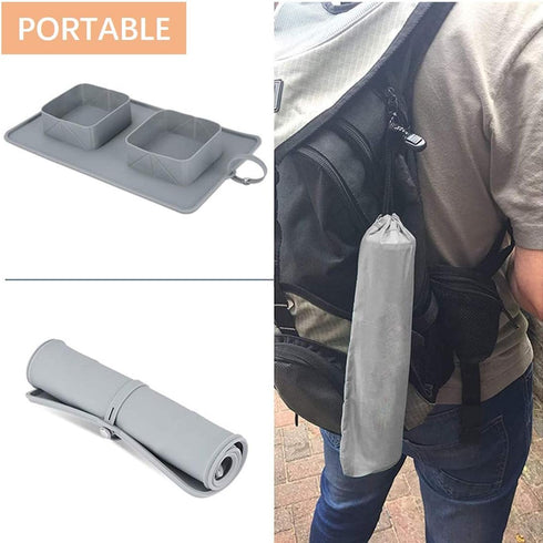 Portable Pet Double Bowl with Carry Case, Foldable Anti-Overflow Silicone Feeding Bowl for Cat or Dog