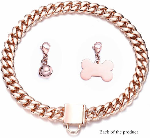 Rose Gold Chain Dog Collar - 10MM/14MM Cuban Link Chew Proof Stainless Steel (10-26 Inch, 14mm, 20inch)