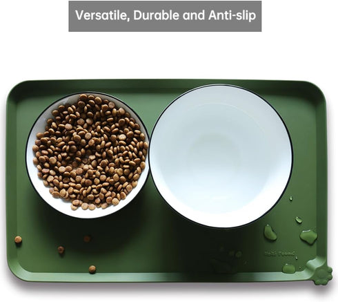 Hoki Found Silicone Pet Food Mats Tray, High-Lips Waterproof Dog Cat Feeding Mat, Dark Olive