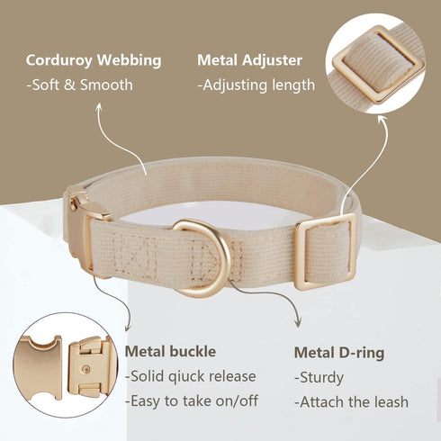 Soft Corduroy Dog Collar and Leash Set, Adjustable Cotton Collars with Metal Buckle for Small Dogs, Beige