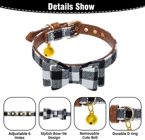 EXPAWLORER Dog Collar and Leash Set - Classic Plaid Dog Bow Tie and Bandana Collar with Bell, Adjustable Leash