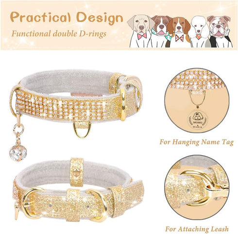 PetsHome Cat Collar, Dog Collar with Bling Rhinestones, Premium PU Leather Adjustable Collars for Medium Dogs (Gold)