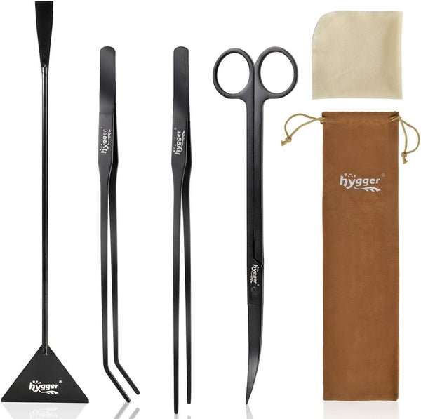 hygger Premium Long Stainless Steel Aquarium Tools, 4 PCS Plant Tweezers Scissors Spatula Kit with 1 Cleaning Cloth for
