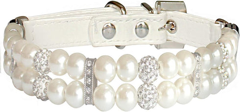 KUDES Dog Cat Pearl Collars, Adjustable Cute Fashion Pet PU Leather Necklace with Crystal Rhinestone for Small Dogs