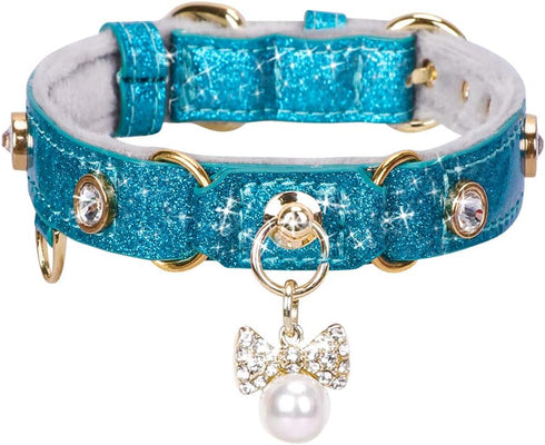 PetsHome Adjustable Cat Dog Collar, Bling Rhinestones PU Leather with Luxury Pendant for Extra Small Blue