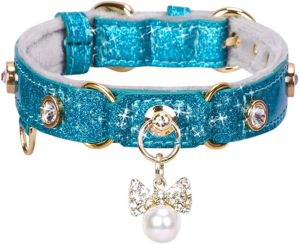 PetsHome Adjustable Cat Dog Collar, Bling Rhinestones PU Leather with Luxury Pendant for Extra Small Blue
