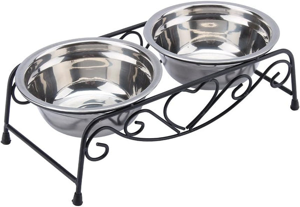Dog Feeder, Stainless Steel Double Dog Food Bowl, Cat Water Bowls with Feeder Dishes Shelf Stand