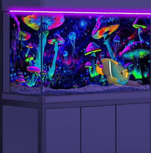 72X24IN Blacklight Aquarium Background, UV Reactive Mushroom & Starry Sky Terrarium Background with 10 EVA Tape