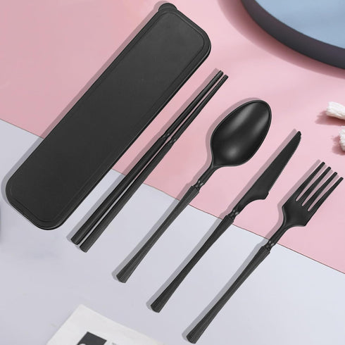 MaoMaoCha Set Reusable Travel Utensils with Case, Wheat Straw Portable Plastic Fork Spoon Knife Chopsticks Camping