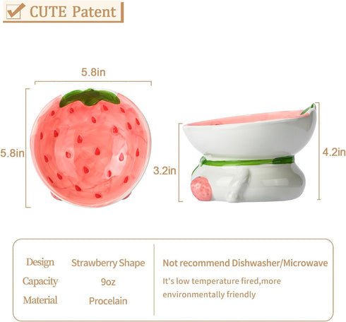 Raised Cat Bowls - Elevated Ceramic Cat Food Bowl for Indoor Cats, Whisker Fatigue, Cute Fruit Themed (Strawberry)