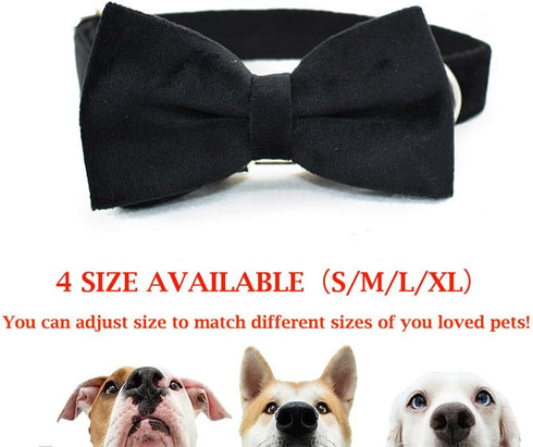 Dog Collar with Bow Tie, Adjustable Velvet Pet Collar with Metal Buckle and Stylish Detachable Bow Tie for Small Medium