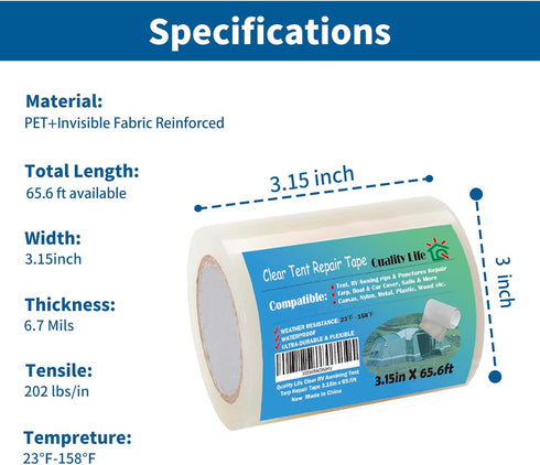 RV Awning Repair Tape, Clear Waterproof Tent Repair Tape for Tarp, Canvas, Boat Covers, Heavy Duty Adhesive - 3.15in
