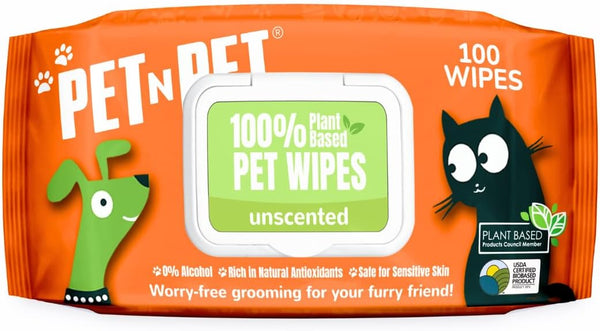 PET N PET 100% Plant Based Dog Wipes - 100 Counts Hypoallergenic Unscented Cleaning Wipes for Pets