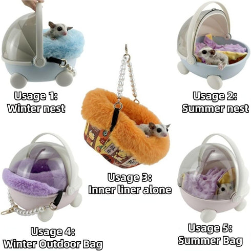 Copfeu Sugar Glider Carrier Cage with Warm Nest, Cushion, Mat and Safe Lock, Portable Cages with Chain, Small Animals