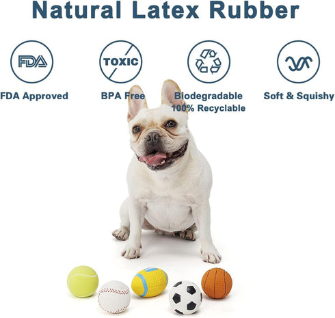 Squeaky Dog Ball - Soft Rubber Toys for Small Dogs & Puppies - Cute Play Ball - Tennis, Soccer, Football, Basketball,