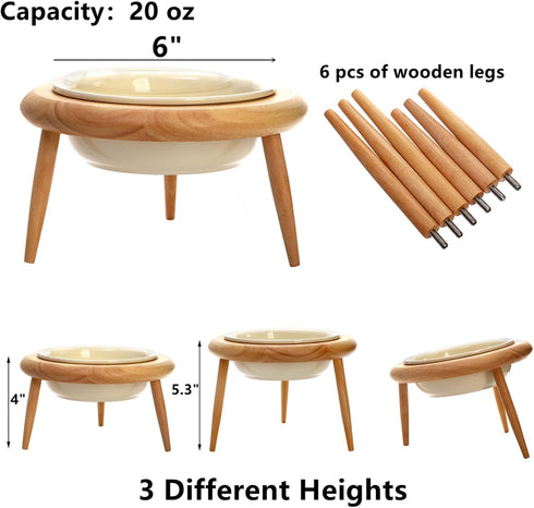 DEAYOU Ceramic Cat Bowl Adjustable, Tilted Elevated Raised Pet Dish, No Spill Pet Food Water Feeder, Slanted Dog Bowl with Wood Stand for Kitty, Pet Supplies, Stress Free, 600 ML/20 OZ, Cream White