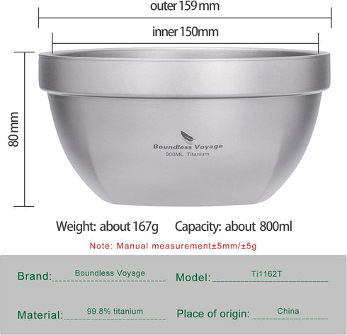 (800ml) Boundless Voyage Titanium Double Walled Bowl Oatmeal Rice Soup Yogurt Bowl Ultralight Portable Tableware