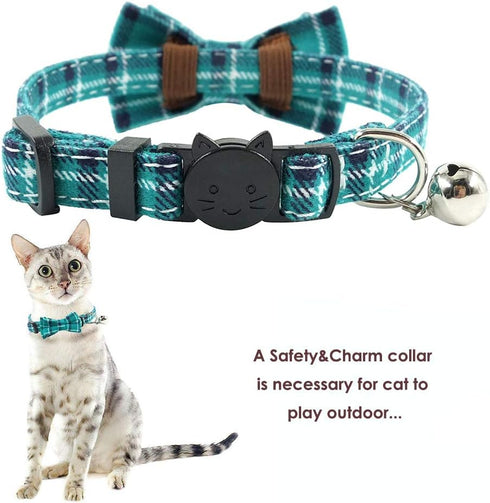 Cat Collar Breakaway with Bell and Bow Tie, Adjustable Plaid Design for Kittens, 6.8-10.8in, Cyan-Blue