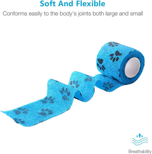 WePet Pet Wrap - Self-Adhesive Non-Woven Tape for Dog Legs, Wounds, First Aid Cohesive Gauze, 6 Rolls (Pawprints A)