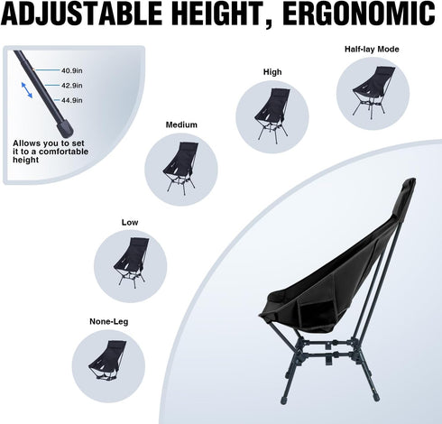 Backpacking MOON LENCE Folding Portable High Back Camping Chairs for Adults, Adjustable Oversize Lightweight for Beach