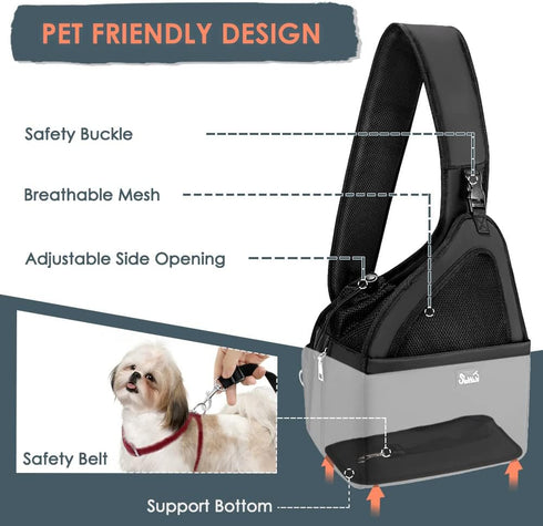 SlowTon Dog Sling Carrier, Hands-Free Papoose for Small Animals Up to 12 lbs, Adjustable Padded Strap, Machine Washable