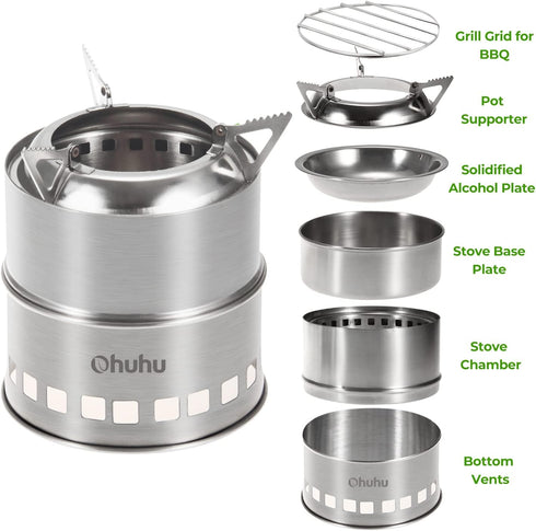Camp Stove, Ohuhu Camping Stove Wood Burning Stove Stainless Steel Mini Portable Backpacking Survival Stoves for Picnic BBQ Camping Hiking Cooking Emergency with Grill Grid Carry Bag