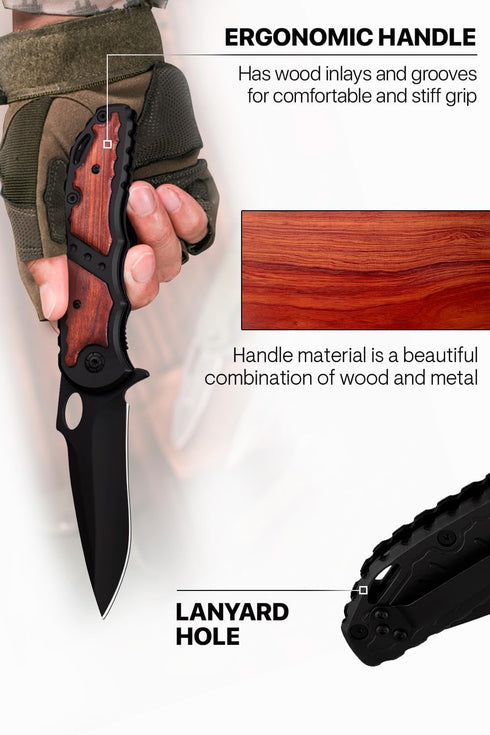 Pocket Knife - Tactical Spring Assisted Folding Knife, EDC Camping Gear for Men, Wood Handle, Sharp Blade - Father's