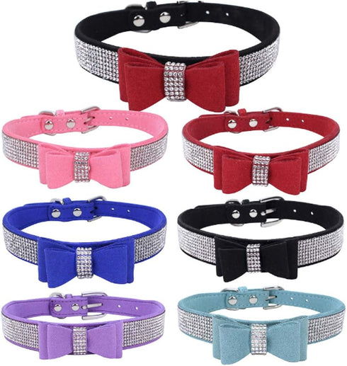 Dogs Kingdom 10"-24" Length Cute Pet Dog Velvet Bow Tie Collar Puppy Cat Full Crystal Rhinestone Necklace Adjustable,Rose Red,L