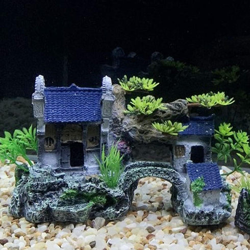 Classical Lifelike Chinese Landscape Resin Aquarium Castle Decorations, Fish Tank Ornaments (River)