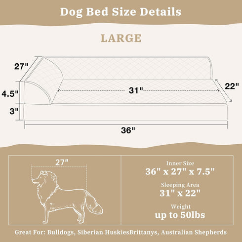 Orthopedic Dog Bed for Large Dogs, Waterproof Bed with Bolsters, Removable Washable Cover & Non-Skid Bottom (Large,