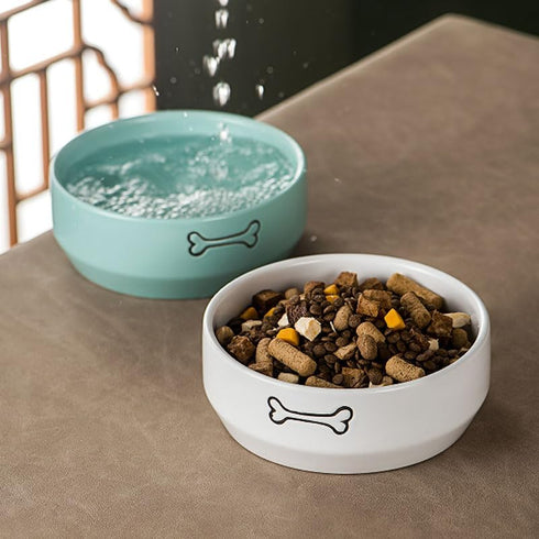 Ceramic Dog Bowls - Pet Feeding Bowls for Cats and Small Dogs, 20 oz (6.5" Blue/White)