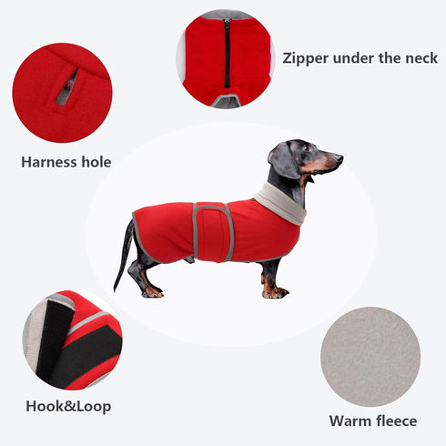 Dachshund Coats Red Fleece Coat for Miniature Sausage Dog with Hook and Loop Closure and Reflective Trim Safety - S